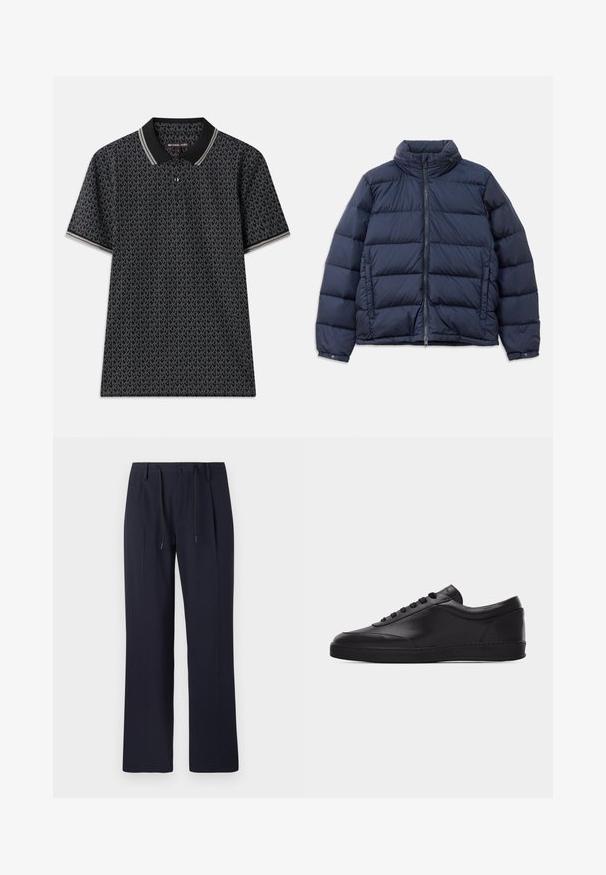 Marine blauwe pufferjack met een hoge kraag, ritssluiting aan de voorkant en een doorgestikt ontwerp met horizontale secties voor isolatie. Glad, glanzend stoffen afwerking.; Zwarte poloshirt met een herhaald "MK"-patroon, korte mouwen, drie knopen bij de kraag en contrasterende gestreepte afwerking op de kraag.; Marineblauwe broek met een rechte pijpdesign, gemaakt van textuurstof. Voorzien van een knoopsluiting aan de voorkant en een verstelbare koord in de taille.; Zwarte lage leren sneaker met vetersluiting aan de voorkant en een platte rubberen zool, gezien van de zijkant tegen een effen witte achtergrond.