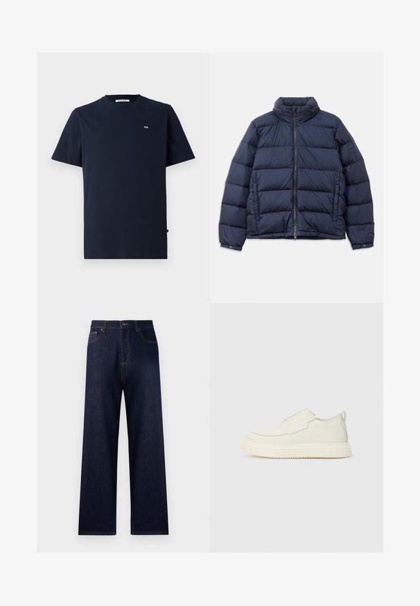 Marineblå jakke i puffer-design med høj krave, lynlås foran og quiltet mønster med horisontale sektioner for isolering. Glat, blankt stoffinish.; Mørkeblå bomulds t-shirt med korte ærmer, rund hals, subtil "WW" logo på brystet og lige visk. Glat tekstur, afslappet design.; Mørkeblå denim jeans med høj talje, bredt ben og kontraststing. Egenskaber inkluderer forlommer og en enkelt baglomme.; Slip-on sneaker i off-white tekstureret materiale med en tyk, rillet sål. Har minimale sømme og et subtilt lysblåt accent.