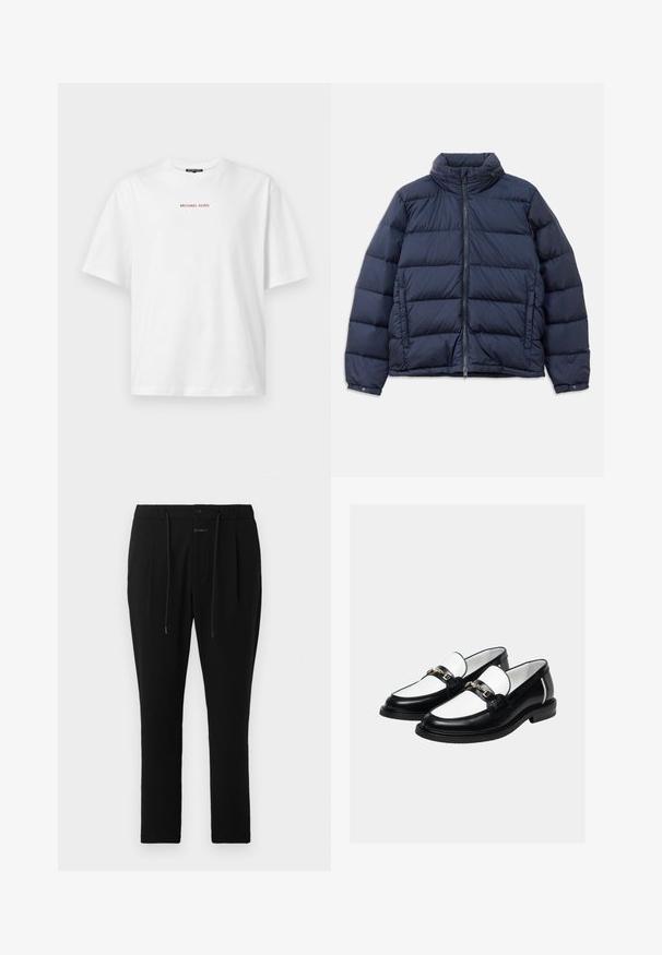 Veste matelassée bleu marine avec un col haut, fermeture éclair à l'avant et un design matelassé avec des sections horizontales pour l'isolation. Finition en tissu lisse et brillant.; T-shirt blanc à manches courtes avec col rond, avec un petit texte rouge "MICHAEL KORS" centré sur la poitrine.; CLOSED VIGO TAPERED - Chino - dark night; Paire de mocassins en cuir noir et blanc avec un détail de chaîne dorée sur le dessus, sur un fond clair uni.