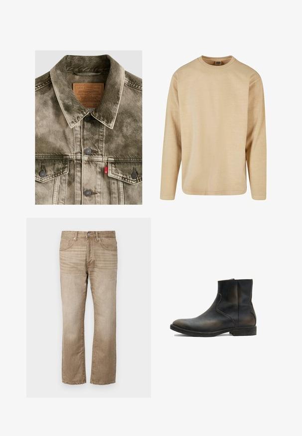 Verwaschene grüne Denim Levi's Jacke mit Knopfverschluss, Brusttaschen und gebrandetem Lederlabel innen am Kragen.; Beige Langarm-T-Shirt aus weichem Stoff, mit Rundhalsausschnitt, lockerer Passform und minimalen Nähten für ein sauberes Design.; Beige Denim-Jeans im Straight-Leg-Design mit fünf Taschen, Knopfverschluss und dezentem Verblassen des Stoffes.; AllSaints LANG - Stiefelette - brown