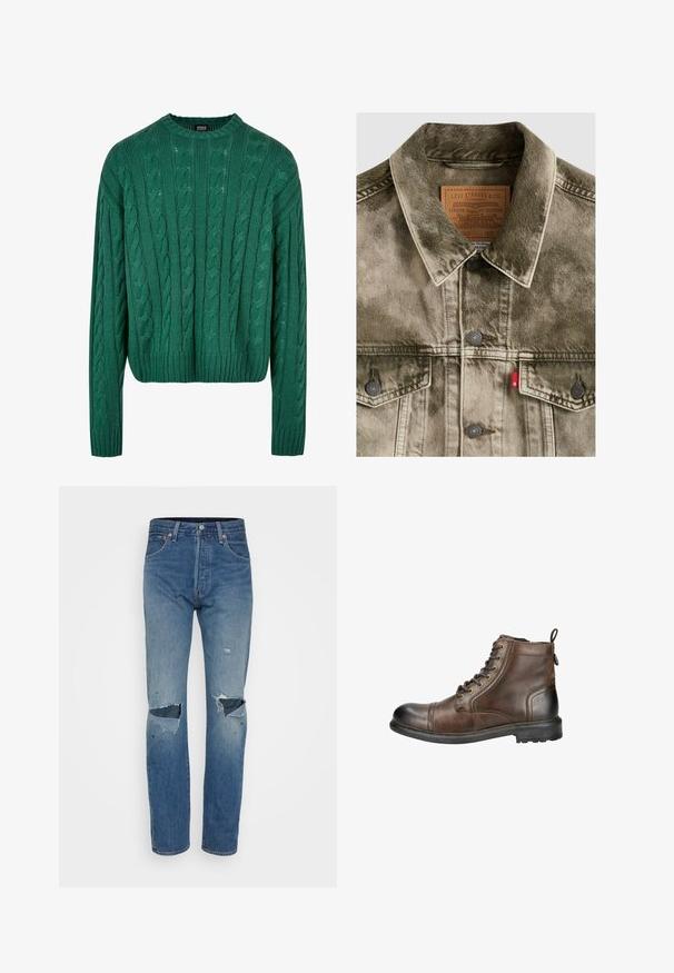 Gennembleget grøn denim Levi's jakke med knaplukning, brystlommer og mærket læderlabel indeni kraven.; Grøn kabelstrikket sweater med rund hals og lange ærmer. Har et cropped design og struktureret mønster hele vejen igennem.; Lyseblå slidte jeans med lige ben, frynsede knæudskæringer og klassisk fem-lomme styling med metalhardware.; Brune læder ankelstøvle med rund tå, snørebånd fortil og et hævet træk ved hælen. Har en robust sål med mønster for godt fodfæste.