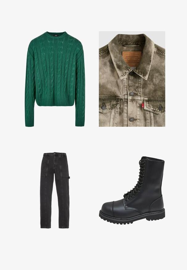 Gennembleget grøn denim Levi's jakke med knaplukning, brystlommer og mærket læderlabel indeni kraven.; Grøn kabelstrikket sweater med rund hals og lange ærmer. Har et cropped design og struktureret mønster hele vejen igennem.; Sorte denimbukser med lige ben-design, synlige sømme og en sidelomme på venstre lår.; Sort læder kampstøvle med høj skaft, snørebånd foran, polstret krave og en robust tekstureret sål for godt greb. Har forstærket tåhætte.