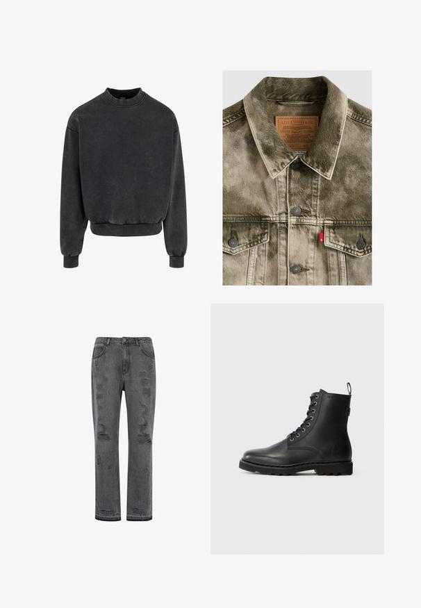 Gennembleget grøn denim Levi's jakke med knaplukning, brystlommer og mærket læderlabel indeni kraven.; Sort cropped sweatshirt med rund halsudskæring, ribbestrikkede manchetter og kant. Fremstillet af blødt materiale med et let falmet udseende.; Grå denim straight-leg jeans med slidte detaljer, der har synlige rifter og en let frynset kant samt sølvfarvet knaplukning.; Sort læder ankelstøvle med rund tå, snøredesign og metaløjer. Har en tekstureret sål og en pull-tab ved hælen for nem påtagning.
