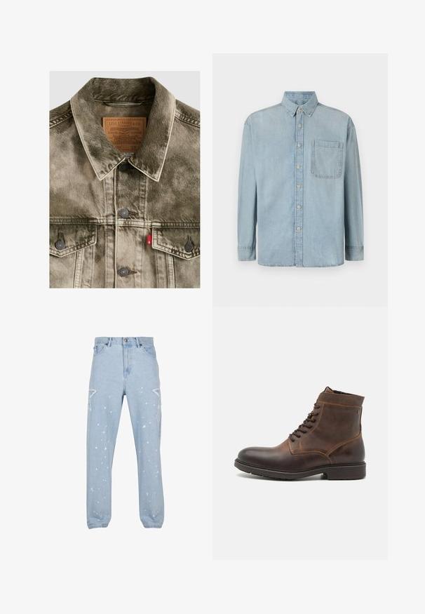 Chaqueta Levi's de mezclilla verde descolorida con cierres de botones, bolsillos en el pecho y etiqueta de cuero con marca dentro del cuello.; Camisa de mezclilla de color azul claro con mangas largas, cierre de botones en la parte delantera y un bolsillo en el pecho. Presenta un cuello clásico y puños estándar.; Jeans de mezclilla azul claro con un ajuste relajado, que cuentan con recortes en forma de estrella, manchas de pintura y un diseño clásico de cinco bolsillos.; Jack & Jones JFWDELANEY BOOT - Botines con cordones - cognac