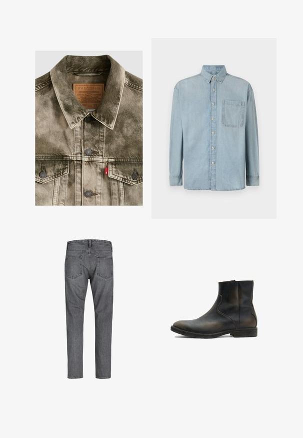 Gennembleget grøn denim Levi's jakke med knaplukning, brystlommer og mærket læderlabel indeni kraven.; Lyseblå denimskjorte med lange ærmer, knaplukning foran og en enkelt brystlomme. Har en klassisk krave og standard manchetter.; Mørkegrå denim jeans med lige ben set bagfra med to baglommer og synlige syninger langs sømmene.; AllSaints LANG - Støvletter - brown