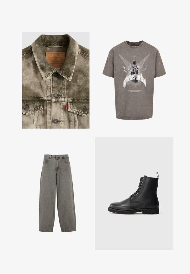Gennembleget grøn denim Levi's jakke med knaplukning, brystlommer og mærket læderlabel indeni kraven.; Grå oversized t-shirt lavet af bomuld, med et grafisk tryk af en vinget statue og stiliseret tekst på forsiden.; Grå denim bukser med høj talje, brede ben, klassisk fem-lomme design og knaplukning foran. Let struktureret finish.; Sort læder ankelstøvle med rund tå, snøredesign og metaløjer. Har en tekstureret sål og en pull-tab ved hælen for nem påtagning.