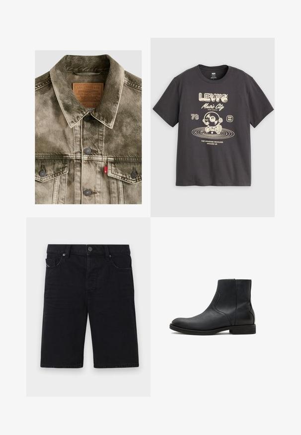 Gennembleget grøn denim Levi's jakke med knaplukning, brystlommer og mærket læderlabel indeni kraven.; Mørkegrå Levi's T-shirt med beige grafik af en gående vinylplade, tekst "Music City," "73," og "The universe revolves around us."; Sorte denim shorts med lige snit, fem lommer, metal detaljer og synlige søm. Blød tekstur og enkelt design.; AllSaints LANG - Støvletter - black