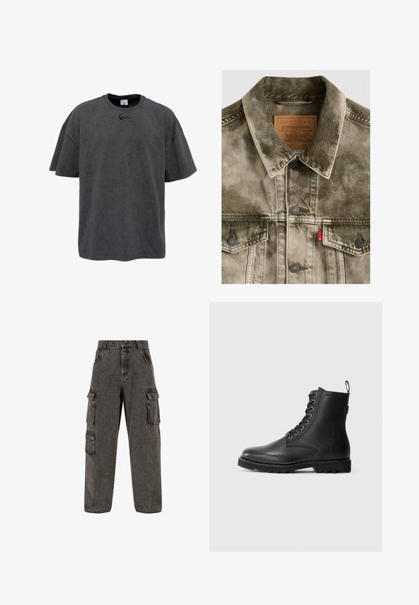 Verbleekte groene denim Levi's jas met knoopsluitingen, borstzakken en merkleren label binnen de kraag.; Grijze oversized t-shirt van een katoenmix, met een ronde hals en korte mouwen. Het heeft een subtiele geborduurde logo op de borst.; Karl Kani OG BAGGY - Relaxed fit jeans - grey; Zwarte leren enkellaars met ronde neus, vetersluiting en metalen oogjes. Beschikt over een gestructureerde zool en een trekstrip aan de hiel voor gemakkelijk aan- en uittrekken.