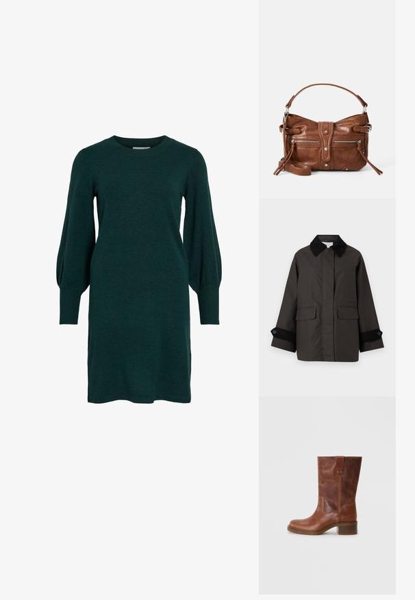 Mørkebrun frakke lavet af glat stof med en sort corduroy krave. Har to frontlommer og sorte ribbede manchetter med knapper.; Grøn strikket kjole med rund halsudskæring, lange puffærmer og ribbede manchetter. Stoffet ser blødt ud med en glat tekstur.; Brune læderknæhigh støvle med en rund tå, kontrasterende sidelæmme og en lav blokhæl. Har en bagtab og metalnitter.; Brun læderhåndtaske med en rund form, to frontlommer med lynlås og en aftagelig skulderrem. Udstyret med hardware og syninger i sølvfarve.