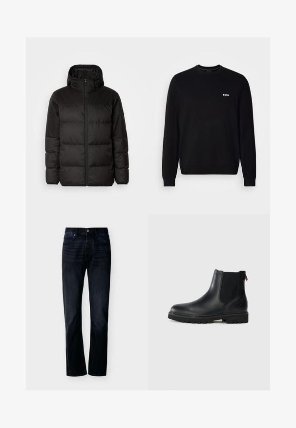 Zwarte pufferjas met ritsluiting, een capuchon, gequiltte secties en elastische manchetten, gemaakt van een glad, waterafstotend materiaal.; Zwarte langwerpige crewneck trui met klein wit 'BOSS' logo op de linker borst, geribde mouwen en zoom, gepresenteerd tegen een witte achtergrond.; Donker indigo recht gesneden spijkerbroek met knoop- en ritssluiting aan de voorkant, riemlussen en een ontwerp met vijf zakken, weergegeven tegen een eenvoudige lichte achtergrond.; Zwarte leren enkellaars met elastische zijkanten, ronde neus en een robuuste rubberen zool met diepe profielen voor grip.