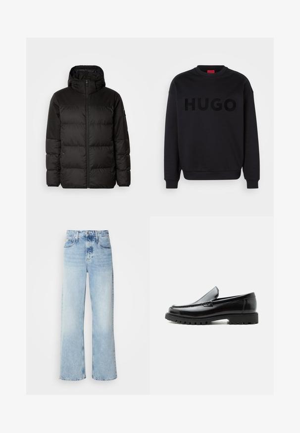 La chaqueta acolchada negra tiene un cierre de cremallera, capucha, secciones acolchadas y puños elásticos, hecha de un material suave y resistente al agua.; Sudadera negra hecha de material suave, con un escote redondo y mangas largas. La palabra "HUGO" está mostrada de manera prominente en una fuente negra brillante.; Vaqueros de pierna ancha en azul claro con una alta cintura, que presentan un acabado desgastado, cinturillas y un clásico diseño de cinco bolsillos. El dobladillo es sin acabar.; Mocasín de cuero negro con suela de goma gruesa, empeine cosido y nombre de la marca en relieve en el talón, mostrado en perfil lateral sobre fondo blanco.