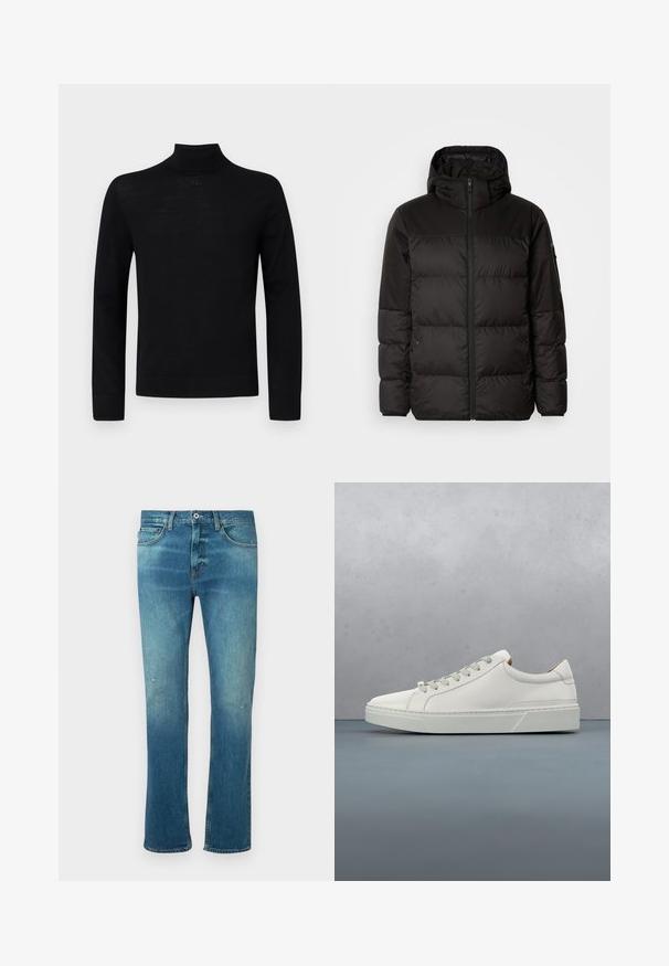 Schwarze Pufferjacke mit Reißverschluss, Kapuze, gesteppten Abschnitten und elastischen Bündchen, hergestellt aus einem glatten, wasserabweisenden Material.; Schwarzer Rollkragenpullover aus weichem Stoff, mit langen Ärmeln und einer taillierten Silhouette, die einen kleinen runden Akzent am Hals aufweist.; Blaue Jeans aus Denim mit geradem Schnitt, ausgestattet mit einem leichten Verwaschungseffekt, leichten Abnutzungen an den Knien und klassischem Fünf-Taschen-Design.; Weißes Leder-Sneaker mit abgerundetem Zehenbereich, minimalistisches Design, graue Schnürsenkel und einer strukturierten grauen Gummisohle. Dezente Nähte sichtbar.