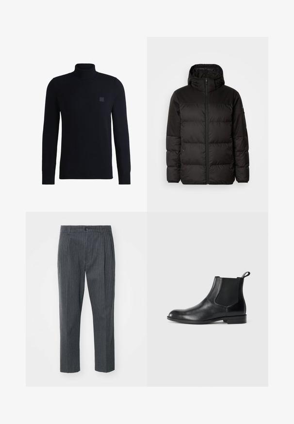 Sort pufferjakke med lynlås, hætte, quiltede sektioner og elastiske manchetter, lavet af et glat, vandafvisende materiale.; Marineblå højhalset sweater lavet af blødt strikmateriale, med lange ærmer og ribbestrikket krave. Inkluderer et firkantet logo-patch på brystet.; Grå stribede bukser med lige ben, der har en knaplukning og en glat stofoverflade. Skræddersyet pasform med folder.; Sorte læder ankelstøvler med elastiske sidepaneler, rund tå og en trækloft. Glat tekstur, flad sål, minimalistisk design.