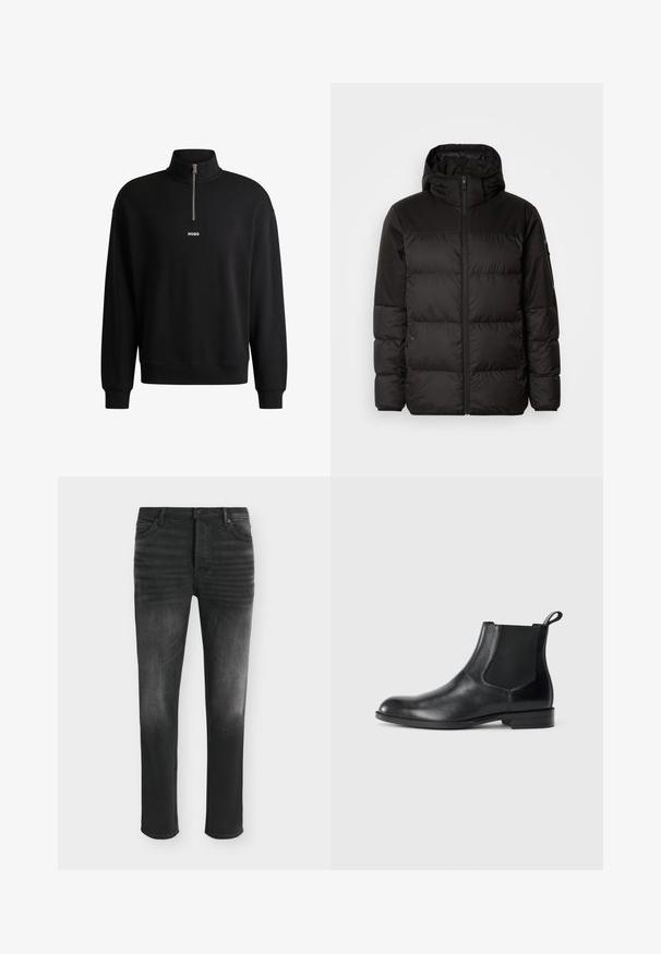 Schwarze Pufferjacke mit Reißverschluss, Kapuze, gesteppten Abschnitten und elastischen Bündchen, hergestellt aus einem glatten, wasserabweisenden Material.; Schwarzer Pullover mit hohem Kragen, Frontreißverschluss und dezentem Logo. Aus weichem Stoff gefertigt, mit gerippten Bündchen und Saum.; Schwarze Skinny-Jeans mit ausgebleichten Details, Fünf-Taschen-Stil und Knopfverschluss in der Taille.; Schwarze Leder-Stiefelette mit elastischen Seiteneinsätzen, abgerundeter Zehenpartie und einem Zugschlauf. Glatte Textur, flache Sohle, minimalistisches Design.