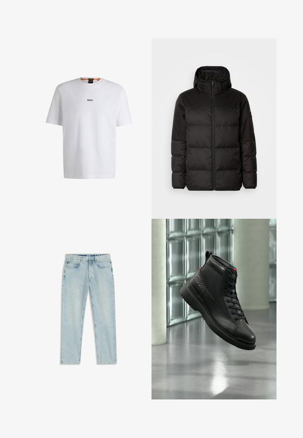 La chaqueta acolchada negra tiene un cierre de cremallera, capucha, secciones acolchadas y puños elásticos, hecha de un material suave y resistente al agua.; Camiseta de algodón blanca de manga corta, con un logotipo negro "BOSS" centrado en el pecho y un diseño de cuello redondo.; Vaqueros azul claro de corte recto con bolsillos delanteros, trabillas para cinturón y cierre de botón, colocados planos sobre un fondo blanco.; Zapatilla negra de caña alta con suela texturizada y marca "HUGO" en el lateral, mostrada frente a una pared moderna de bloques de cristal.
