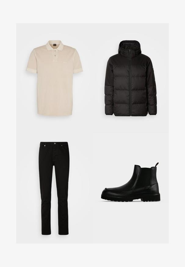 Schwarze Pufferjacke mit Reißverschluss, Kapuze, gesteppten Abschnitten und elastischen Bündchen, hergestellt aus einem glatten, wasserabweisenden Material.; Beige Poloshirt aus weicher Baumwolle. Es verfügt über einen klassischen Kragen, zwei Knöpfe und ein kleines gesticktes Logo auf der Brust.; Schwarze Jeans mit geradem Bein, vorne mit Knopf- und Reißverschluss, Vorder- und Gesäßtaschen, dargestellt vor einem schlichten hellen Hintergrund.; Schwarzer Lederknöchelstiefel mit strukturierter Sohle, elastischen Seitenteilen und Zuglasche vor einem hellgrauen Hintergrund.
