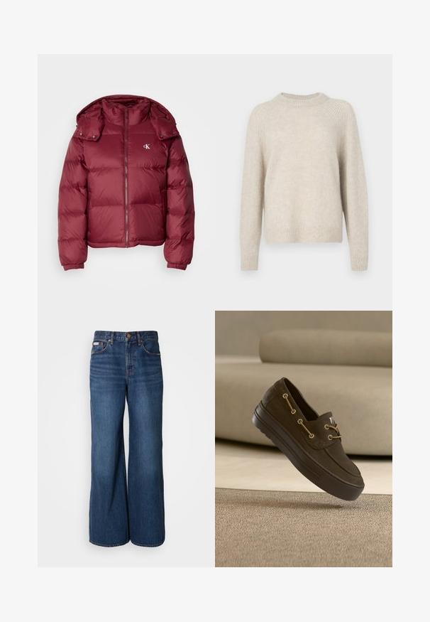Burgundia värvi puffjakker, millel on lukuga esiosa, eemaldatav kapuuts, soonikuga mansetid ja Calvin Kleini logo rinnal. Sile, läikiv tekstuur.; Beige kudumiigiga särk, millel on ümar kaelus, raglanvarrukad ja soonik. Pehme tekstuur, veidi avar istuvus ja minimaalne muster.; Tumedast denimist valmistatud laiade jalgadega teksad. Omavad kõrget vöökohta, viit taskut ning kontrastset oranži õmblust õmblustel.; Tumepruun vabaaja loafer paksu tallaga ja beežika paeltega, hõljumas beežikat tekstuuriga vaiba kohal, taustal beež diivan.