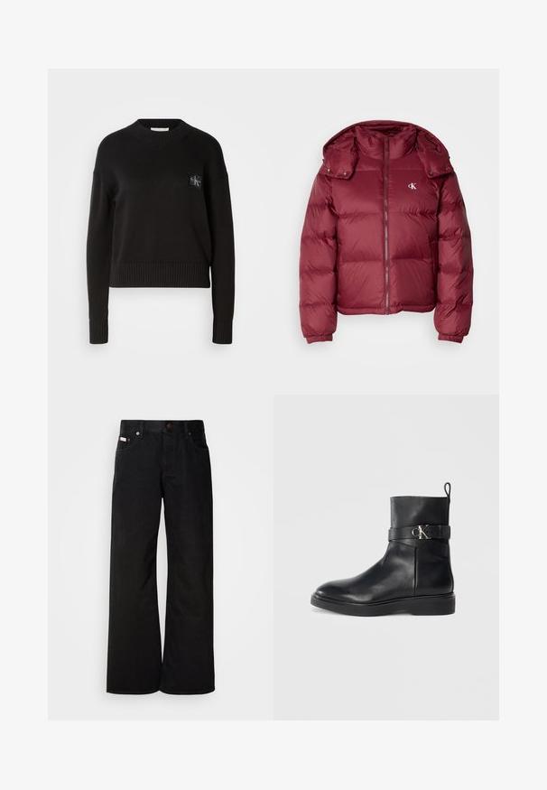 Bordová prešívaná bunda so zipsom vpredu, odnímateľnou kapucňou, ribbenými manžetami a logom Calvin Klein na hrudi. Hladký, lesklý povrch.; Čierny pletený sveter s okrúhlym výstrihom, rebrovanými manžetami a lemom. Na ľavej hrudi sa nachádza malá štvorcová nášivka s logom. Voľný strih.; Čierne džínsy s širokými nohavicami vyrobené z bavlny. Majú predné vrecká, zapínanie na gombík a klasickú denimovú textúru. Minimalistický dizajn bez vzorov.; Čierne kožené členkové boty s plochou podrážkou, so bočným pásikom a detailom strieborného loga CK. Hladká textúra a elegantný dizajn.
