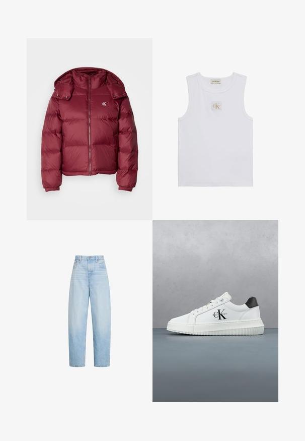 Bordeaux kleurige pufferjack met een rits aan de voorkant, afneembare capuchon, geribbelde boorden en het Calvin Klein-logo op de borst. Soepele, glanzende textuur.; Witte mouwloze tanktop met Calvin Klein Jeans-label op de borst en een labeltje bij de halslijn op een effen witte achtergrond.; Lichtblauwe, hooggetailleerde, rechte jeans met voorzakken, riemlussen en knoopsluiting.; Witte lage sneaker met zwarte hiel tab, plateauzool, veters en Calvin Klein "CK" logo aan de zijkant.