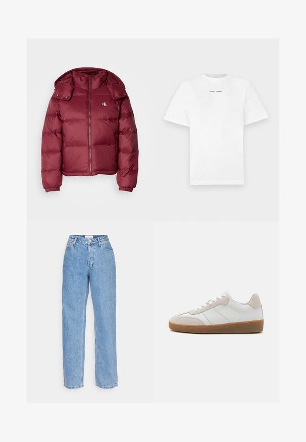 Bordeaux pufferjakke med lynlås foran, aftagelig hætte, ribbede manchetter og Calvin Klein-logo på brystet. Glat, blank overflade.; Hvid bomulds t-shirt med korte ærmer, rund halsudskæring og sort trykt tekst "SAMSØE SAMSØE" på brystet. Glat tekstur og almindelig pasform.; Lys blå denimjeans med lige ben, der har knap- og lynlåslukning, fem lommer og en medium høj talje.; Hvide lædersneakers med beige ruskindsdetaljer, struktureret tunge og gummisål. Har hvide snørebånd og diskrete stikninger.