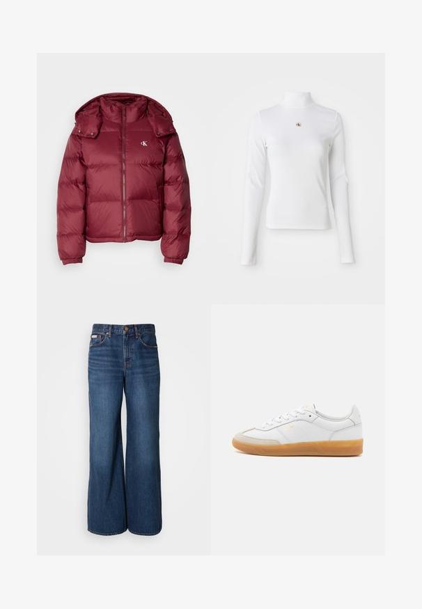 Bordeaux kleurige pufferjack met een rits aan de voorkant, afneembare capuchon, geribbelde boorden en het Calvin Klein-logo op de borst. Soepele, glanzende textuur.; Witte turtleneck met lange mouwen, gemaakt van ribbelstof. Bevat een klein geborduurd logo in het midden. Aansluitend ontwerp zonder patronen.; Wijdvallende jeans van donkerblauwe denim. Kenmerken zijn een hoge taille, vijf zakken en contrasterende oranje stiksels langs de naden.; Witte leren sneaker met beige suède accenten, gumrubberen zool en vetersluiting. Heeft subtiele branding in goud.