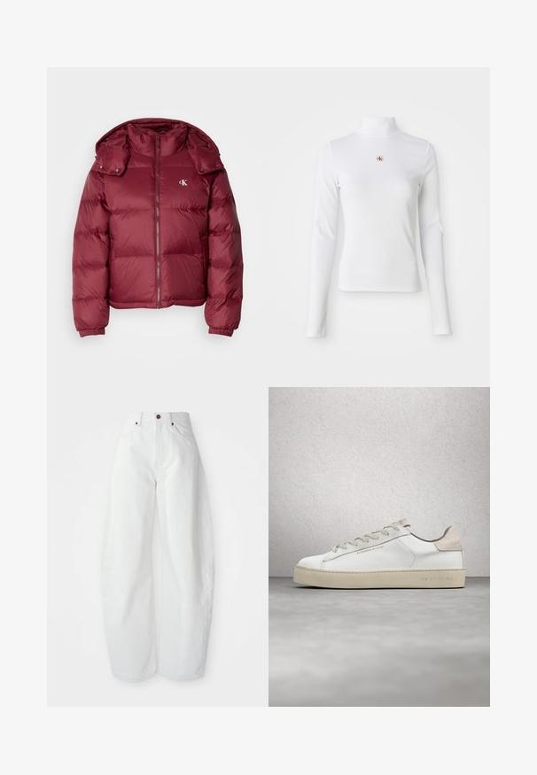 Bordeaux pufferjakke med lynlås foran, aftagelig hætte, ribbede manchetter og Calvin Klein-logo på brystet. Glat, blank overflade.; Langærmet, hvid turtleneck-top lavet af ribbet materiale. Har et lille broderet logo i midten. Tæt pasform uden mønstre.; Højtaljede hvide denimbukser med løs pasform. Har en knaplukning, sidelommer og et minimalistisk design. Glat tekstur.; Hvide lædersneakers med en glat overflade, beige ruskindsdetaljer, rund tå, flad snørebåndsdesign og en struktureret gummisål.