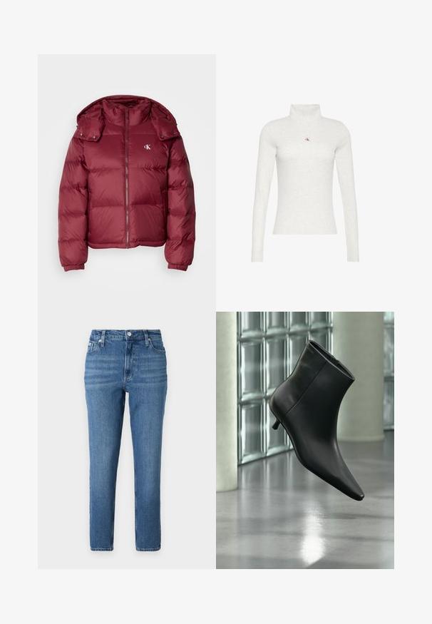 Bordová prešívaná bunda so zipsom vpredu, odnímateľnou kapucňou, ribbenými manžetami a logom Calvin Klein na hrudi. Hladký, lesklý povrch.; Svetlosivé tričko s dlhým rukávom a rolákom s malým červeno-čiernym logom "ck" v strede na hrudi.; Svetlomodré riflové nohavice s vysokým pásom, dizajn s rovnými nohavicami, päťvreckový štýl a jemné vyblednutie. Sú vybavené kovovým gombíkom a zipsovým zapínaním.; Čierna kožená členková čižma so špicatou špičkou a nízkym kitten podpätkom, zobrazená šikmo na pozadí leštenej podlahy a steny zo sklenených blokov.