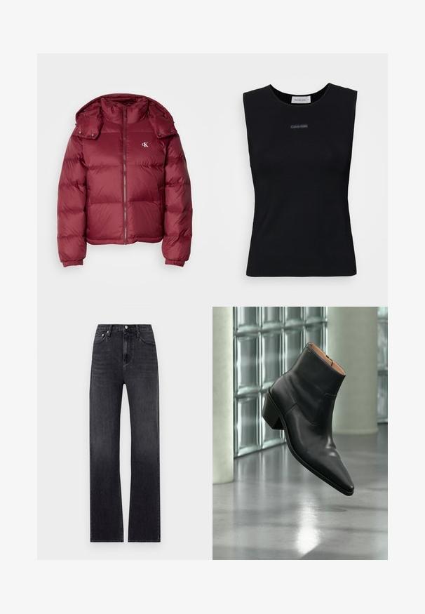 Bordeaux kleurige pufferjack met een rits aan de voorkant, afneembare capuchon, geribbelde boorden en het Calvin Klein-logo op de borst. Soepele, glanzende textuur.; Zwart mouwloos topje gemaakt van gladde stof. Heeft een ronde halslijn en een klein Calvin Klein-logo in het midden. Eenvoudig en aansluitend ontwerp.; Zwarte rechte jeans gemaakt van denim, met een hoge taille, vijf zakken en een ritssluiting met knoop. Iets vervaagde wassing.; Zwarte leren enkellaars met een spitse neus en blokhak die zweeft boven een reflecterende grijze vloer nabij een glazen blokmuur.