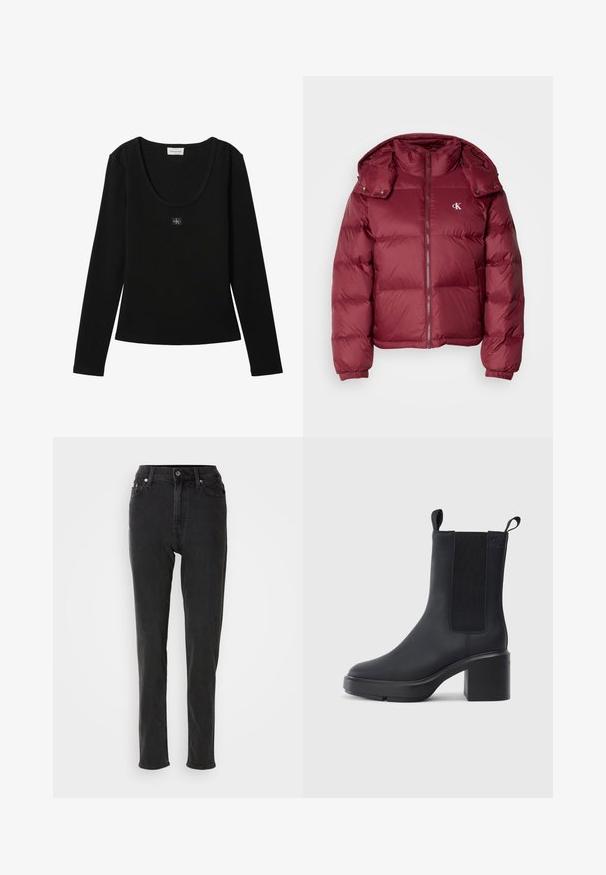 Bordeaux pufferjakke med lynlås foran, aftagelig hætte, ribbede manchetter og Calvin Klein-logo på brystet. Glat, blank overflade.; Sort langærmet ribbet top med rund halsudskæring og lille Calvin Klein logo patch centreret på brystet.; Sorte højttaljede denimjeans med smal pasform, der har knaplukning, bæltestropper og kontrastsyninger. Glat tekstur uden synlige mønstre.; Sorte ankelstøvler i glat gummimateriale, med elastiske sidepaneler, blokhæle og trækskilt øverst for nem påtagning.