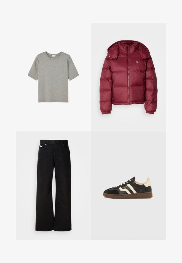 Bordeaux pufferjakke med lynlås foran, aftagelig hætte, ribbede manchetter og Calvin Klein-logo på brystet. Glat, blank overflade.; Grå T-shirt med korte ærmer lavet af blød bomuld, med runde halsudskæring og afslappet pasform uden fremtrædende mønstre eller detaljer.; Sorte breddebenede jeans lavet af bomuld. Har forlommer, en knaplukning og en klassisk denimtekstur. Minimalistisk design uden mønstre.; Sorte sneakers med cremefarvede striber, tekstureret læderoverdel og en brun gummisål. Har snørebånd og en lav profil.