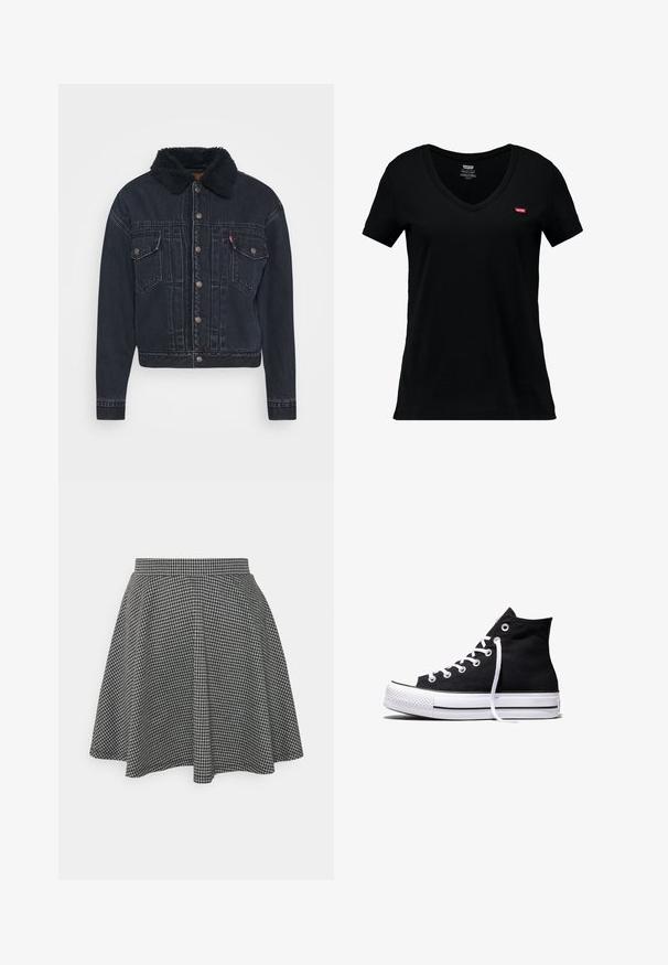 Levi's® NEW HERITAGE - Spijkerjas - deep dark; Zwart katoenen V-hals T-shirt met korte mouwen, met een klein rood Levi's-logo op de linkerkant van de borst en een gladde textuur.; Zwart-witte geblokte skaterrok met een strakke tailleband en een uitlopende zoom, gemaakt van textuurstof die een klassiek patroon toont.; Zwarte hooggesloten canvas sneaker met witte rubberen zool en witte veters, zijwaarts weergegeven op een witte achtergrond.