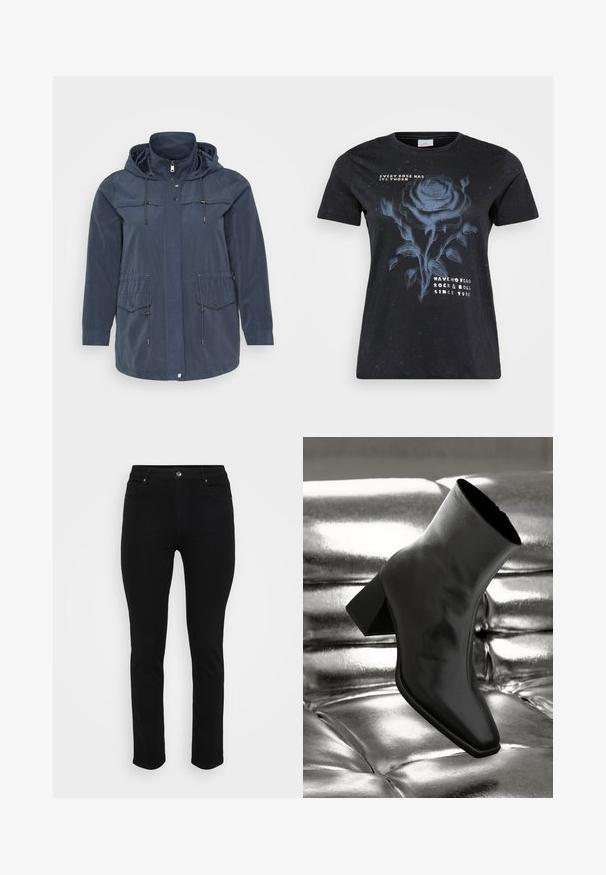 Marineblauwe jas met capuchon, voorzien van twee bovenste zakken, verstelbare trekkoorden en drukknopen aan de voorkant. Lichtgewicht materiaal.; ONLY Carmakoma CARMIKO WASHED SS REG TEE JRS - T-shirt print - black; Zwarte denim jeans met een slim fit, vijf-pocket ontwerp, voorste knoopsluiting en lichte stretch voor comfort. Plat, gladde textuur met minimale details.; Zwarte enkellaarsjes van glanzend materiaal met een vierkante neus en taps toelopende hak, afgezet tegen een glanzende zilveren gecapitonneerde achtergrond.