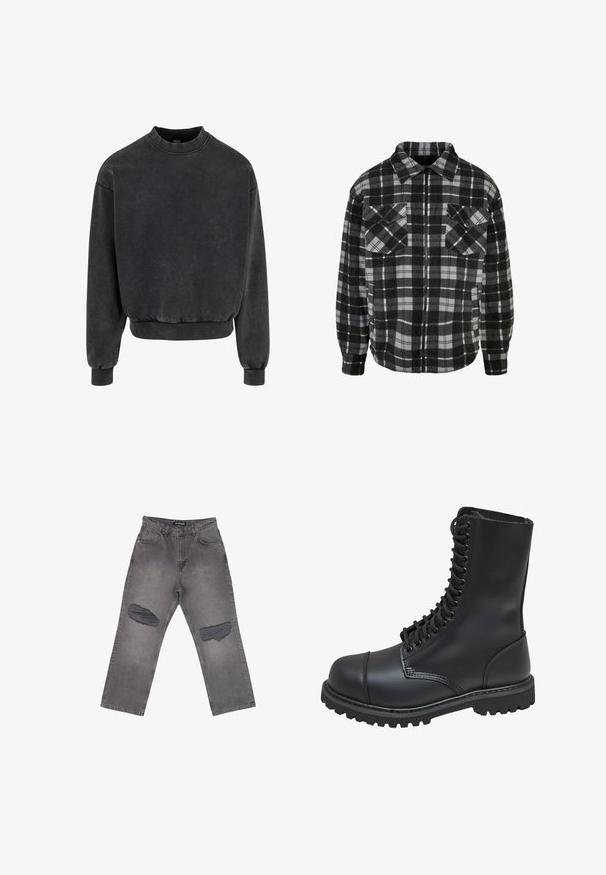 Sort og grå rutet flanneljakke med lynlås foran, krave, to brystlommer og lange ærmer med manchetter.; Sort cropped sweatshirt med rund halsudskæring, ribbestrikkede manchetter og kant. Fremstillet af blødt materiale med et let falmet udseende.; Grå denimjeans med høj talje, vide ben og store slidte pletter på begge knæ, med forlommer og bæltestropper.; Sort læder kampstøvle med høj skaft, snørebånd foran, polstret krave og en robust tekstureret sål for godt greb. Har forstærket tåhætte.
