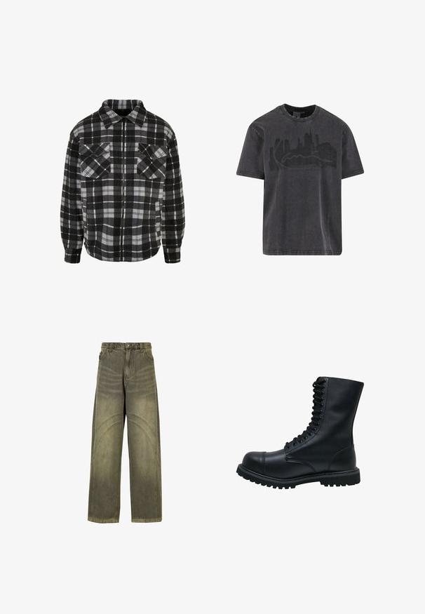 Chaqueta de franela a cuadros en negro y gris con cremallera frontal, cuello con solapa, dos bolsillos en el pecho y mangas largas con puños.; Camiseta de algodón negra con cuello redondo y mangas cortas, con un gráfico de un horizonte deteriorado en gris oscuro sobre el pecho.; Jeans de pierna ancha en denim verde oliva, con acentos de costura curvada, cierre clásico de botón y un acabado desgastado.; Botín de cuero negro con cordones, punta redonda, caña alta, suela de goma gruesa y superficie texturizada. Presenta costuras reforzadas a lo largo de las uniones.