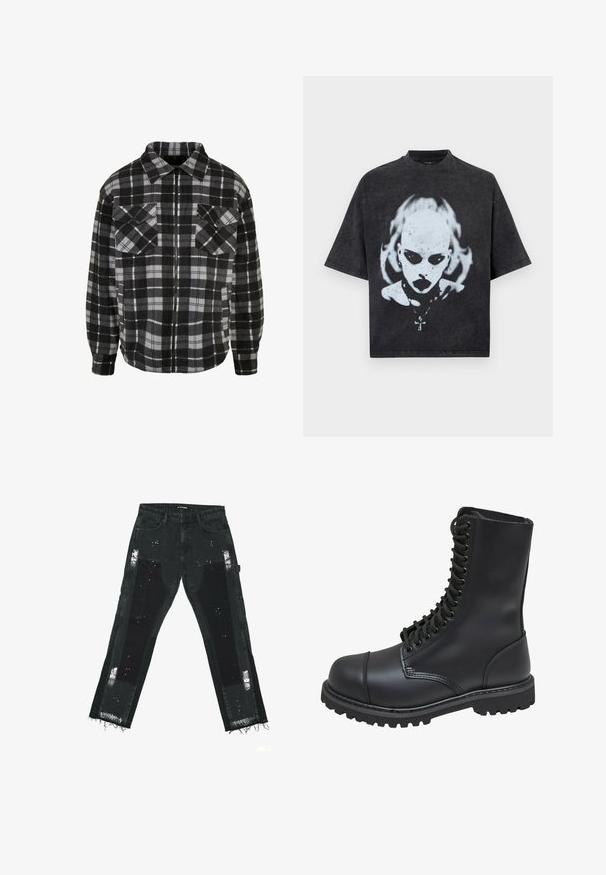 Veste en flanelle à carreaux noir et gris avec fermeture éclair à l'avant, col, deux poches sur la poitrine et manches longues avec des poignets retroussés.; T-shirt noir oversize avec un graphisme blanc représentant une personne chauve aux yeux foncés, rouge à lèvres, piercings et un collier avec un pendentif en forme de croix.; Jeans en denim noir avec des patches déchirés, des ourlets effilochés et des accents texturés. Taille mi-haute avec un design standard à cinq poches.; Botte de combat en cuir noir avec un haut tige, fermeture lacée à l'avant, col rembourré et semelle texturée robuste pour une meilleure adhérence. Dotée d'un capuchon de protection renforcé.