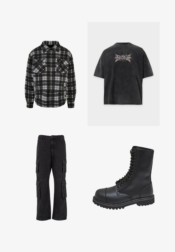 Sort og grå rutet flanneljakke med lynlås foran, krave, to brystlommer og lange ærmer med manchetter.; Sort oversized t-shirt med falmet tekstur og stiliseret hvid og rød tekst "Fadella" centreret foran.; Sorte cargo-bukser lavet af denim, med en løs pasform, flere sidelommer og syet detaljer. Teksturen er let falmet.; Sort læder kampstøvle med høj skaft, snørebånd foran, polstret krave og en robust tekstureret sål for godt greb. Har forstærket tåhætte.