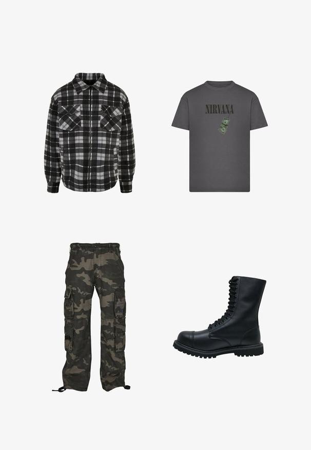 Schwarz-graue karierte Flanelljacke mit Reißverschluss vorne, Kragen, zwei Brusttaschen und langen Ärmeln mit umgeschlagenen Enden.; Dunkelgraues T-Shirt mit schwarzem "Nirvana" Text über einer Grafik von zwei grünen Dollarnoten, die an einer Schnur hängen.; Tarnfarbene Cargo-Hosen in Dunkelgrün und Grau, ausgestattet mit mehreren Seitentaschen, einem Knopfverschluss und verstellbaren Knöchel-Zugbändern.; Schwarze Leder Schnürstiefel mit runder Zehenkappe, hohem Schaft, dicker Gummisohle und texturierter Oberfläche. Enthält verstärkte Nähte entlang der Nähte.