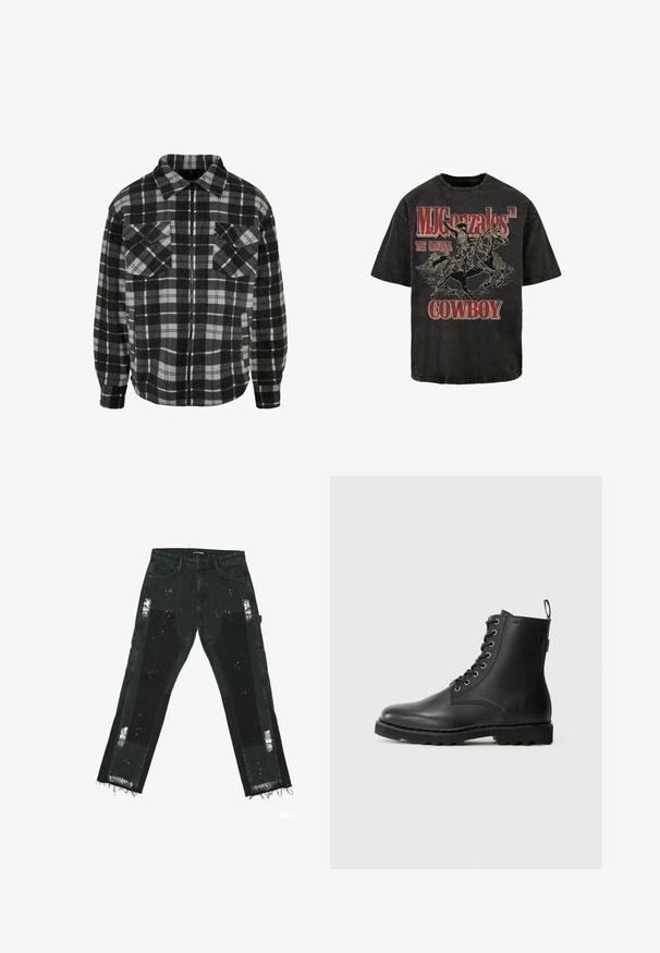Veste en flanelle à carreaux noir et gris avec fermeture éclair à l'avant, col, deux poches sur la poitrine et manches longues avec des poignets retroussés.; T-shirt graphique noir avec un cow-boy à cheval, avec "MJ Gonzales™ LE COW-BOY ORIGINAL" en lettres rouges en gras. Tissu en coton doux.; Jeans en denim noir avec des patches déchirés, des ourlets effilochés et des accents texturés. Taille mi-haute avec un design standard à cinq poches.; Bottine en cuir noir avec bout rond, design à lacets et œillets métalliques. Dispose d'une semelle texturée et d'une languette au talon pour un enfilage facile.