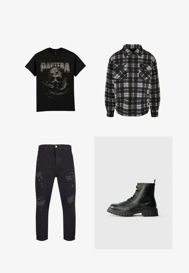 Chaqueta de franela a cuadros en negro y gris con cremallera frontal, cuello con solapa, dos bolsillos en el pecho y mangas largas con puños.; Camiseta negra de algodón con un gráfico desgastado de un cráneo y una serpiente, con la palabra "PANTERA" en letras grandes y envejecidas.; Jeans de mezclilla negra con detalles desgastados, presentan desgarros y bordes deshilachados, diseño estándar de cinco bolsillos y cierre de botón.; Botas de cuero negro hasta el tobillo con punta redonda, seis ojetes para cordones y una suela gruesa y texturizada con profundasranuras.