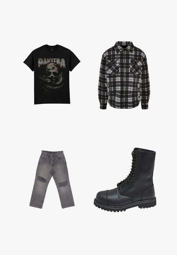 Chaqueta de franela a cuadros en negro y gris con cremallera frontal, cuello con solapa, dos bolsillos en el pecho y mangas largas con puños.; Camiseta negra de algodón con un gráfico desgastado de un cráneo y una serpiente, con la palabra "PANTERA" en letras grandes y envejecidas.; Vaqueros de mezclilla gris de cintura alta con piernas anchas y grandes parches desgastados en ambas rodillas, con bolsillos delanteros y trabillas para el cinturón.; Bota de combate de cuero negro con caña alta, parte frontal con cordones, cuello acolchado y suela texturizada resistente para un buen agarre. Presenta una puntera reforzada.
