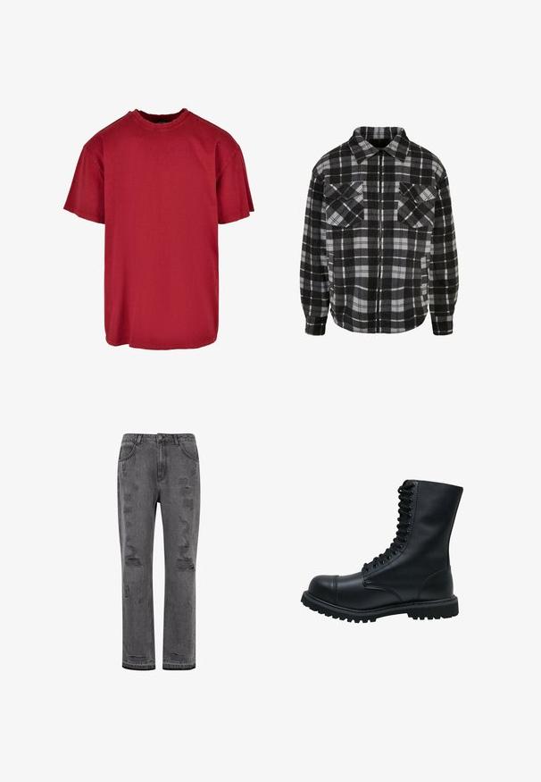 Chaqueta de franela a cuadros en negro y gris con cremallera frontal, cuello con solapa, dos bolsillos en el pecho y mangas largas con puños.; Camiseta de algodón roja con un corte relajado, mangas cortas, cuello redondo y detalles desgastados cerca de los hombros. Sin logotipos visibles.; Jeans de mezclilla gris de pierna recta con detalles desgastados, que presentan desgarros visibles y un dobladillo ligeramente deshilachado, y cierre de botón en tono plateado.; Botín de cuero negro con cordones, punta redonda, caña alta, suela de goma gruesa y superficie texturizada. Presenta costuras reforzadas a lo largo de las uniones.