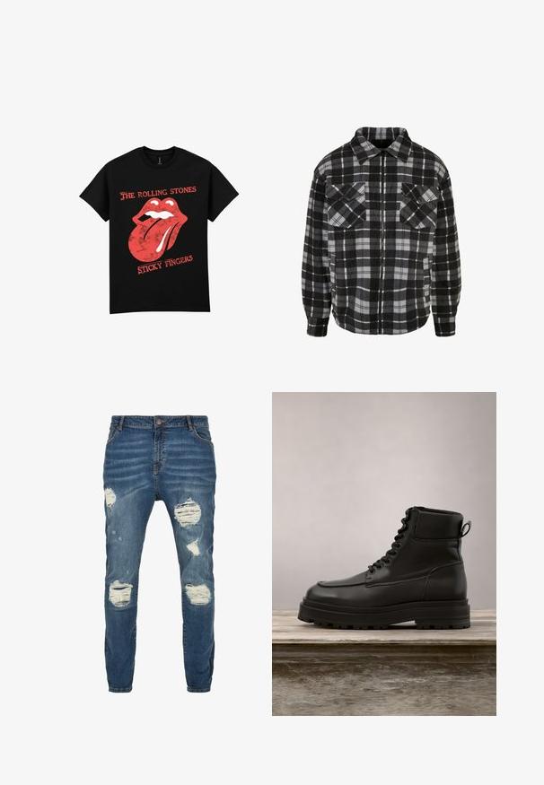 Zwart en grijs geruite flanellen jas met een rits aan de voorkant, kraag, twee borstzakken en lange mouwen met omgeslagen uiteinden.; Zwart katoenen T-shirt met een rood-wit Rolling Stones-logo met tongontwerp en de tekst "Sticky Fingers" eronder.; Blauwe denim jeans met een slim fit, met verwerkte details en uitgelaten scheuren aan de voorkant, vijfzakken ontwerp en een tailleband met knoopsluiting.; Zwarte leren enkellaars met ronde neus, stevige profielzool en vetersluiting. Bevat een korte, gewatteerde kraag en minimale stikseldetails.