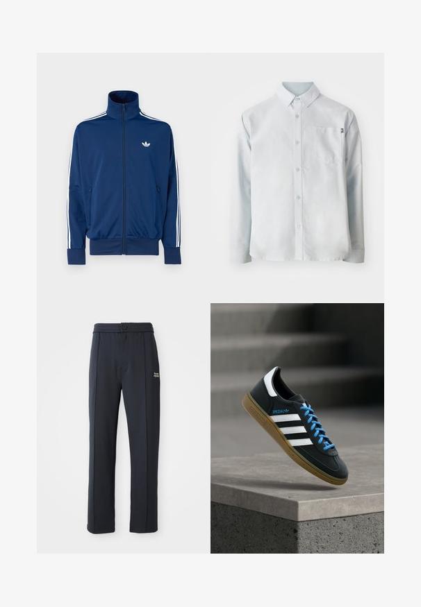 Chaqueta deportiva azul marino con cuello alto, cremallera frontal y rayas blancas a lo largo de las mangas. Cuenta con un pequeño logotipo blanco en el pecho.; New Balance OXFORD - Camisa - blue; Pantalones rectos negros con cintura elástica, cierre de botón, detalles de costura y pequeño logo blanco "the new originals" en el muslo izquierdo.; Zapatilla negra Adidas con franjas blancas, cordones azules y suela de goma flotando sobre un escalón de hormigón gris con luz suave.