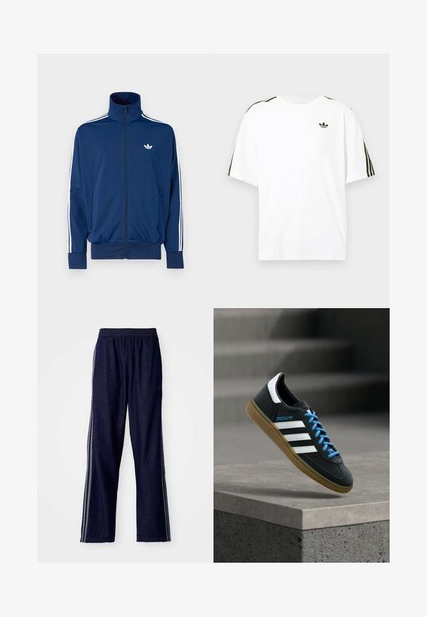 Chaqueta deportiva azul marino con cuello alto, cremallera frontal y rayas blancas a lo largo de las mangas. Cuenta con un pequeño logotipo blanco en el pecho.; Camiseta de algodón blanca con mangas cortas, presenta acentos en negro con tres rayas en los hombros y un pequeño logo negro en el pecho.; Pantalones deportivos azul marino con cintura elástica, que presentan tres franjas laterales blancas y un diseño de pierna recta. Textura de mezclilla suave.; Zapatilla negra Adidas con franjas blancas, cordones azules y suela de goma flotando sobre un escalón de hormigón gris con luz suave.