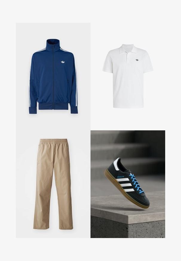 Marineblaue Trainingsjacke mit hohem Kragen, Reißverschluss vorne und weißen Streifen an den Ärmeln. Verfügt über ein kleines weißes Logo auf der Brust.; Weißes Polo mit kurzen Ärmeln, Kragen und zwei Knöpfen, mit kleinem schwarzem Adidas-Logo auf der linken Brust.; Beige, leichte Hose mit elastischem Bund, geraden Beinen und Seitentaschen. Glatte Textur mit dezenten Steppnähten.; Schwarzer Adidas-Sneaker mit weißen Streifen, blauen Schnürsenkeln und Gummisohle, der über einer grauen Betontreppe im weichen Licht schwebt.
