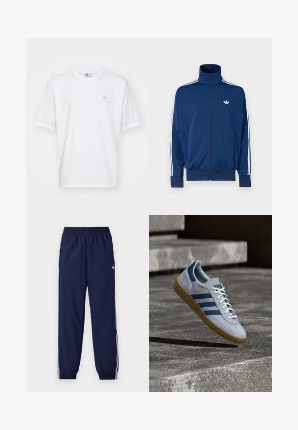 Marineblaue Trainingsjacke mit hohem Kragen, Reißverschluss vorne und weißen Streifen an den Ärmeln. Verfügt über ein kleines weißes Logo auf der Brust.; Weißes Baumwoll-T-Shirt mit Rundhalsausschnitt und kurzen Ärmeln. Auffällige Details sind ein kleines pinkes und grünes Logo auf der linken Brust.; Marineblaue Trainingshose aus leichtem Stoff, mit weißen Streifen an den Seiten, einem elastischen Bund und einem kleinen Logo.; Hellblauer Adidas Spezial Sneaker mit dunkelblauen Streifen und Gummisohle, in der Luft über Betontreppen in neutralem Außenbereich gezeigt.