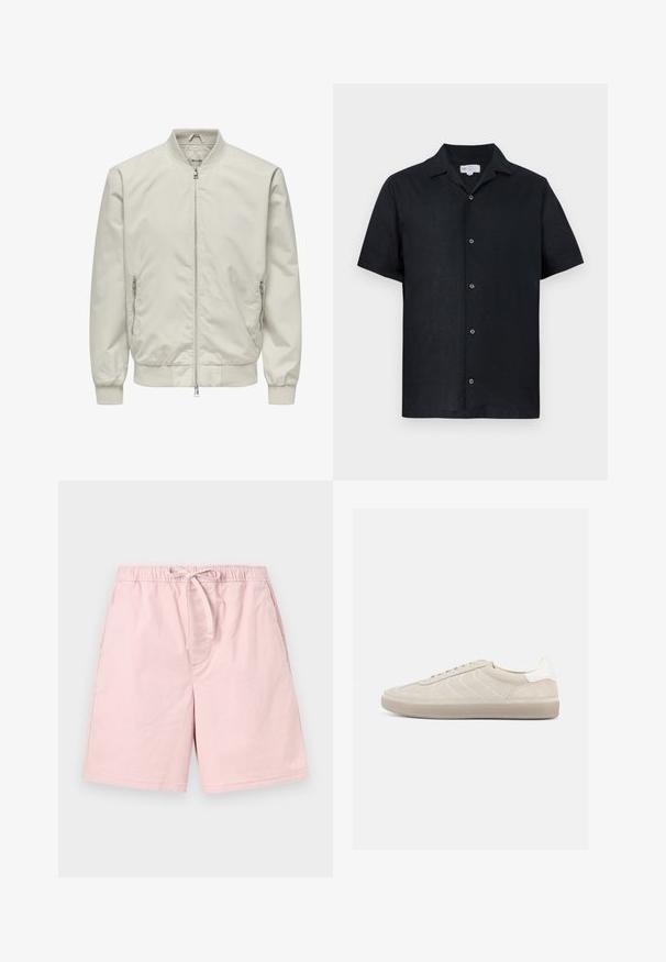 Veste bomber beige clair avec col, poignets et ourlet côtelés, dotée d'une fermeture éclair à l'avant et de deux poches latérales zippées.; Chemise noire à manches courtes avec col, cinq boutons visibles et ourlet droit, présentée sur un fond blanc.; Shorts décontractés rose clair avec taille élastique et cordon de serrage, avec poches latérales, sur fond uni clair.; Baskets en daim beige avec une tige texturée, un contrefort de talon blanc lisse, de fines lacets et une semelle extérieure en caoutchouc. Présente un design bas profil.
