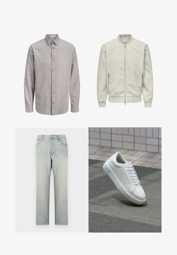 Veste bomber beige clair avec col, poignets et ourlet côtelés, dotée d'une fermeture éclair à l'avant et de deux poches latérales zippées.; Chemise beige clair à manches longues, boutonnée, avec col, ourlet droit et boutons visibles, présentée sur fond blanc uni.; Jean en denim bleu clair à coupe droite, avec poches avant, passants pour ceinture et une légère décoloration sur le tissu.; Baskets en cuir blanc avec une surface lisse, bout rond et lacets plats blancs. Présentent une semelle en caoutchouc texturée et des éléments de design minimalistes.