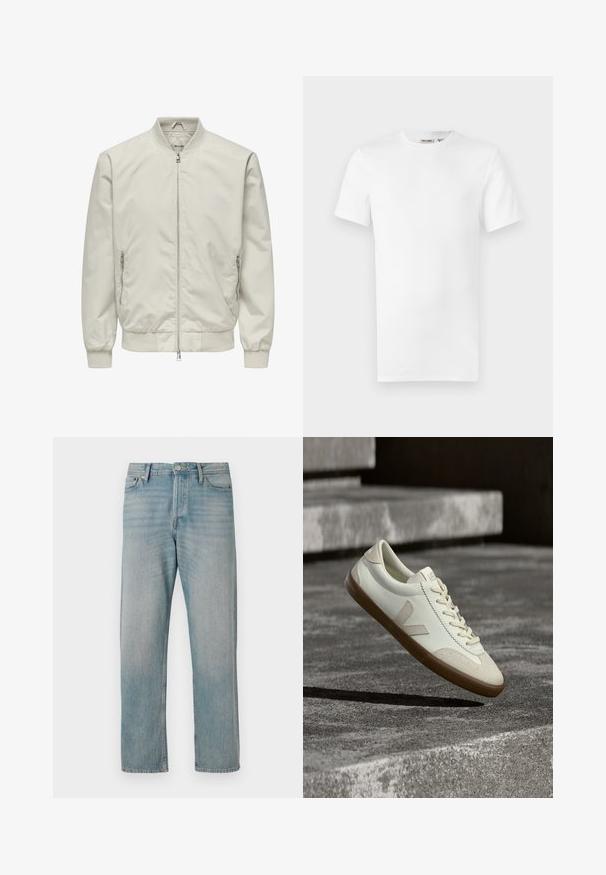 Hellbeige Bomberjacke mit geripptem Kragen, Bündchen und Saum, mit Frontreißverschluss und zwei seitlichen Reißverschlusstaschen.; Ein schlichtes weißes T-Shirt mit kurzen Ärmeln und Rundhalsausschnitt, mit einem kleinen Markenetikett im Krageninneren, auf weißem Hintergrund dargestellt.; Helle blaue Denim-Jeans mit geradem Bein haben fünf klassische Taschen, einen Knopfverschluss und dezente Auswaschungen für Struktur.; Weiße Leder-Sneaker mit beige-gummiartiger Sohle, flachen Schnürsenkeln und V-förmigem Akzent an der Seite. Verfügt über eine glatte Oberfläche und minimale Nahtdetails.