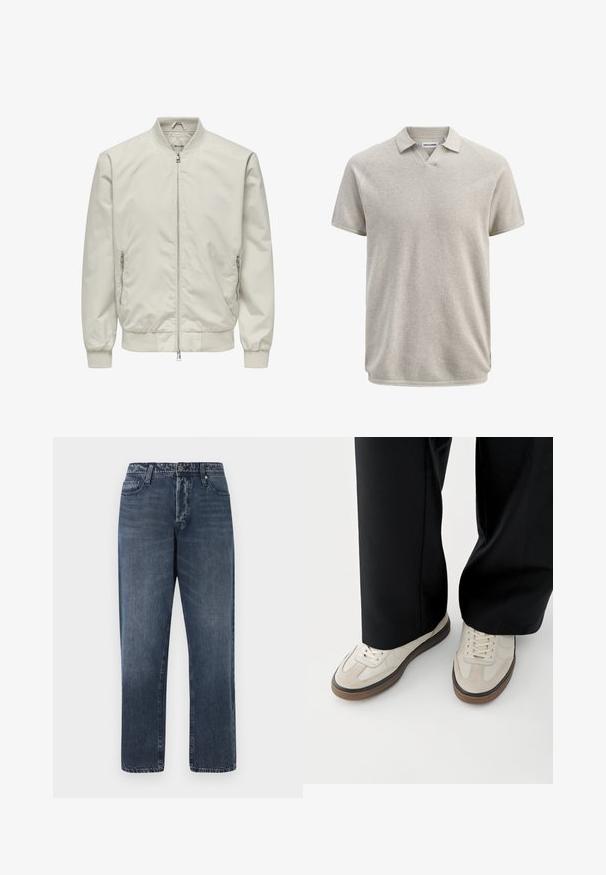 Veste bomber beige clair avec col, poignets et ourlet côtelés, dotée d'une fermeture éclair à l'avant et de deux poches latérales zippées.; Polo beige texturé à manches courtes avec col et légère ouverture en V, portant l'étiquette Jack & Jones.; Jack & Jones Loose-fit JJIEDDIE JJORIGINAL SQ 227 - Jean baggy - blue denim; Pieds portant des baskets beige avec des semelles marron et un pantalon noir à jambes larges sur fond blanc.